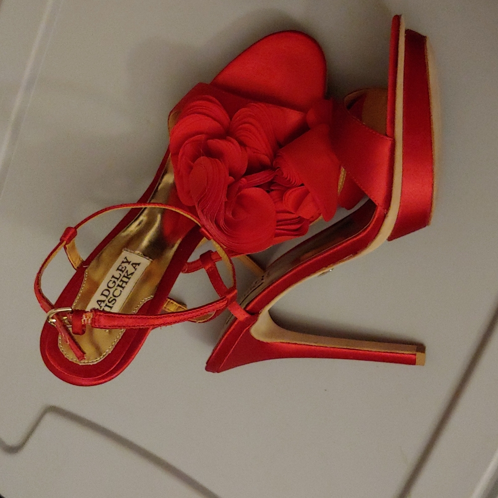 Badgley Mischka Red Sandals with High Heel and Satin Flowers